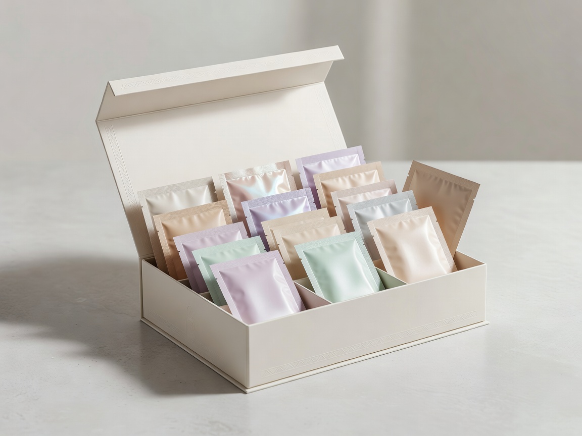 Cosmetic skin care trial sachet sample box for e-commerce direct to consumer