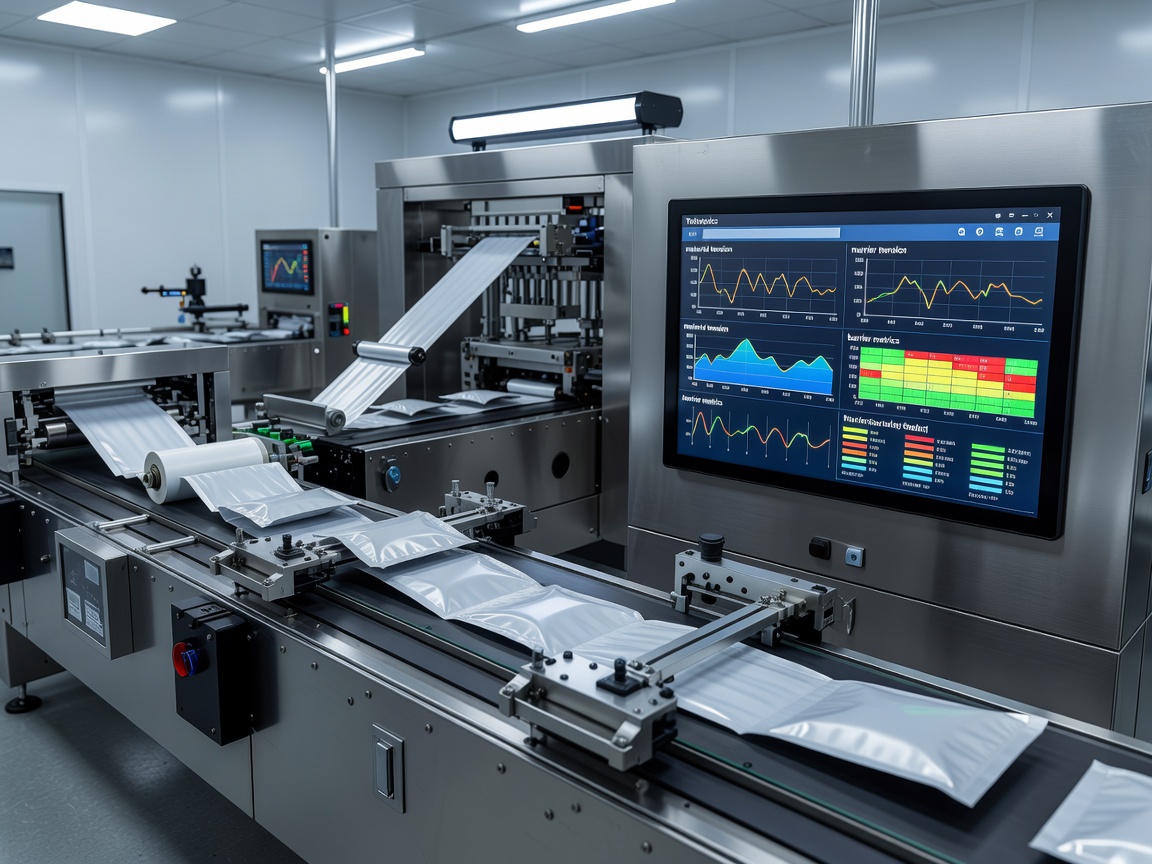 Flexible sachet packaging automated high-speed production line telematics screen showing material tension and barrier metrics