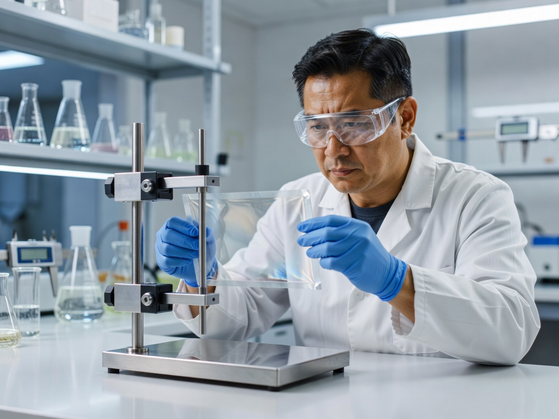 Material science technician testing high barrier mono-material sachet film in laboratory
